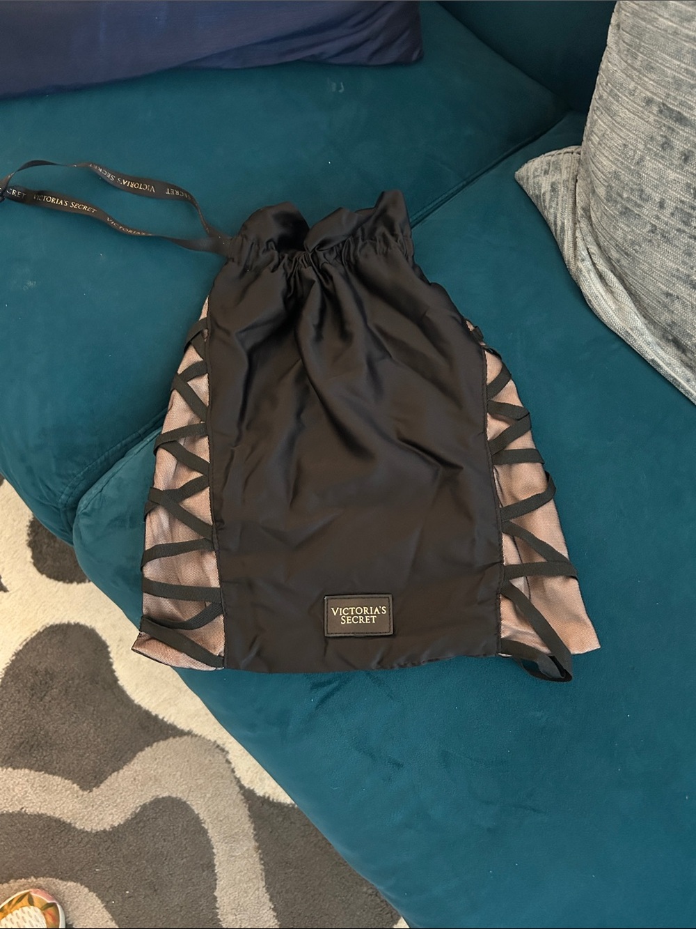 Victoria's Secret Black with Blush Pink Lace-Up Drawstring Bag